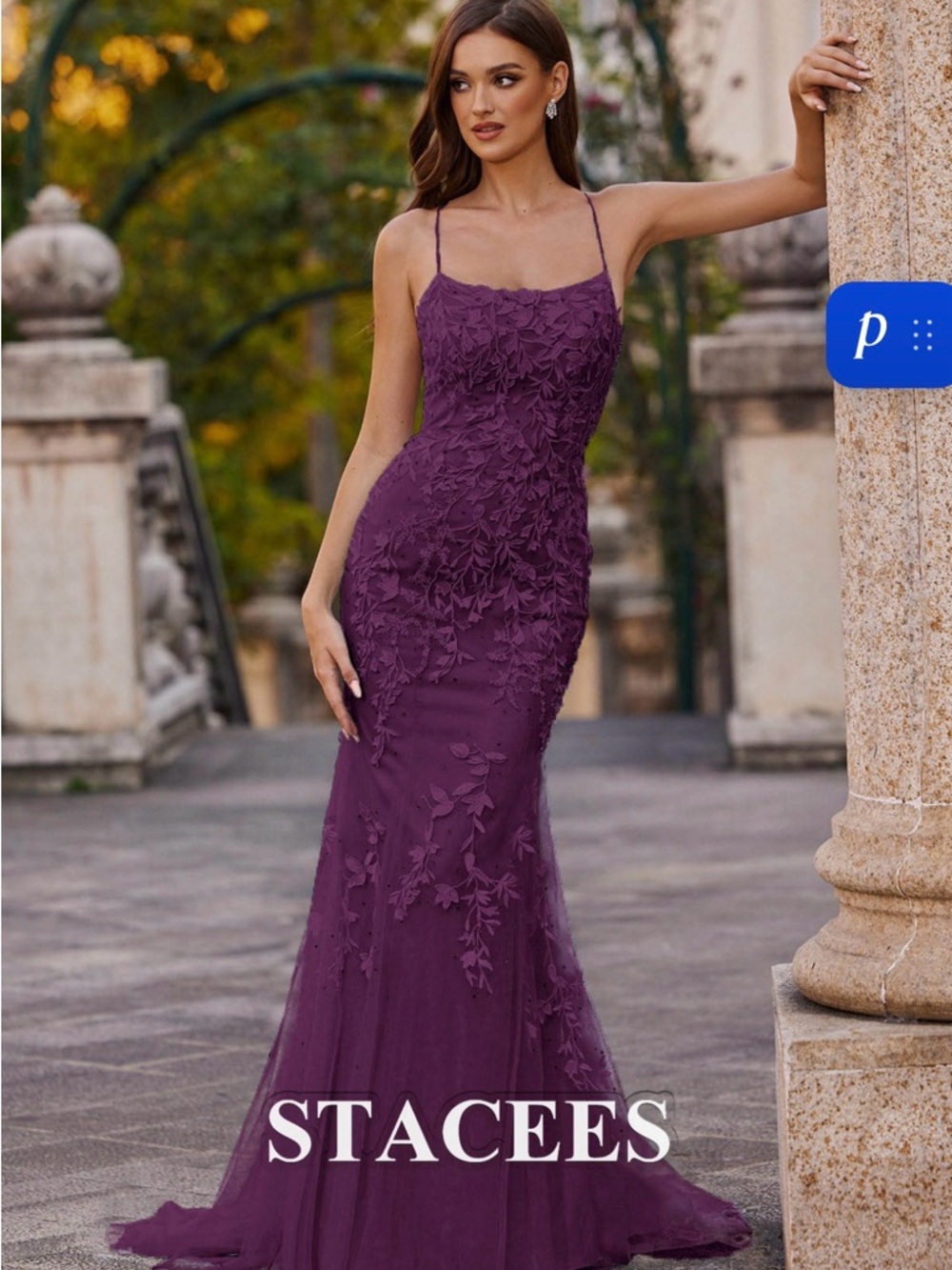 Stacees Purple Floral Appliqué Mermaid Prom Dress